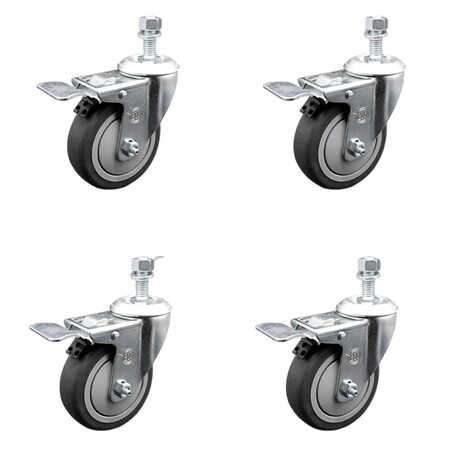 Service Caster 4 Inch SS Thermoplastic Rubber 1/2 Inch Threaded Stem Caster Set Total Lock Brake SCC-SSTSTTL20S414-TPRB-121315-4